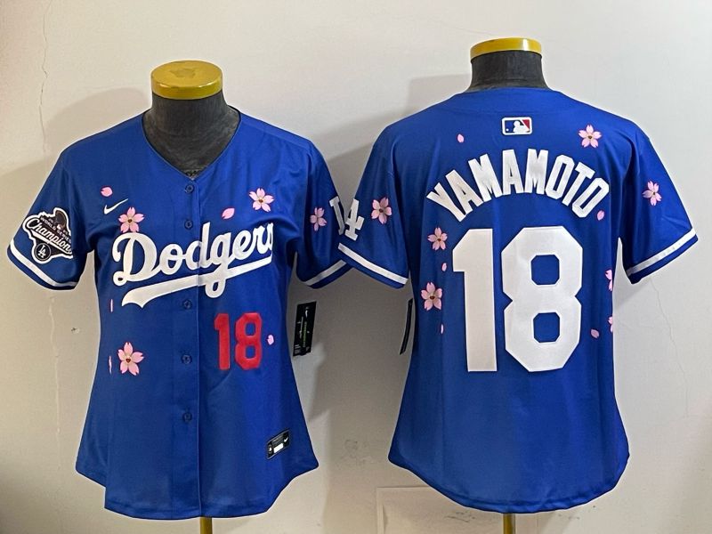 Women Nike 2026 Los Angeles Dodgers #18 Yamamoto Blue Sakura Edition Game MLB Jersey 08->women mlb jersey->Women Jersey